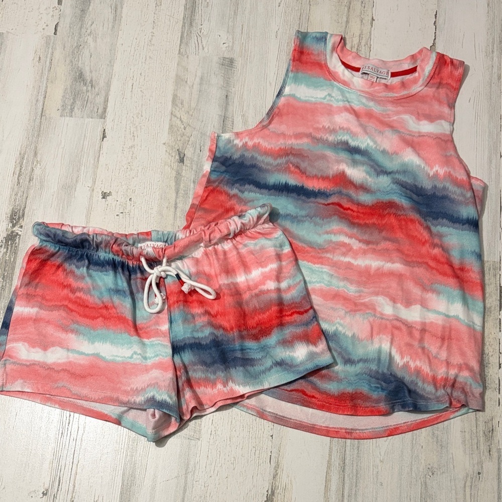 PJ Salvage Coral, Blue & White Tie-Dye Tank and Shorts Pajama Set